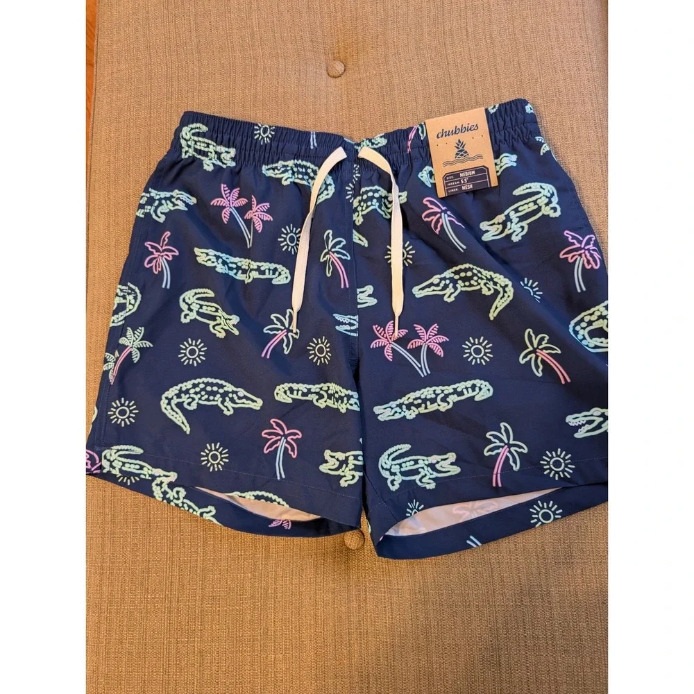 Chubbies Mens Swim Trunks Navy Neon Alligator Palm Tree Print Shorts Medium 5.5